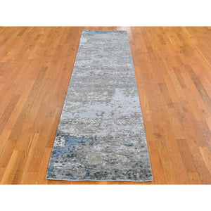2'6"x10'6" Abstract Design Wool and Silk Hi-Low Pile Gray Denser Weave Hand Knotted Runner Oriental Rug FWR399336