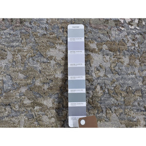 2'6"x10'6" Abstract Design Wool and Silk Hi-Low Pile Gray Denser Weave Hand Knotted Runner Oriental Rug FWR399336