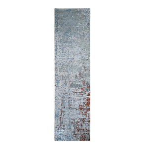 2'6"x10'2" Light Blue Abstract Design Wool and Silk Denser Weave Hand Knotted Runner Oriental Rug FWR399420
