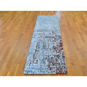 2'6"x10'2" Light Blue Abstract Design Wool and Silk Denser Weave Hand Knotted Runner Oriental Rug FWR399420