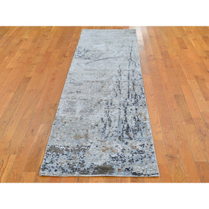 2'5"x10'2" Gray Persian Knot with Abstract Design Wool Denser Weave Hand Knotted Runner Oriental Rug FWR399480