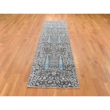 Load image into Gallery viewer, 2&#39;7&quot;x10&#39;1&quot; Charcoal Black Cypress Tree Design Silk with Textured Wool Hand Knotted Runner Oriental Rug FWR399498