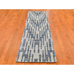 2'6"x10'3" Blue Pure Silk and Textured Wool Wide Runner Zigzag with Graph Design Hand Knotted Oriental Rug FWR399504