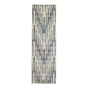 2'6"x8'3" Blue Pure Silk and Textured Wool Wide Runner Zigzag with Graph Design Hand Knotted Oriental Rug FWR399510