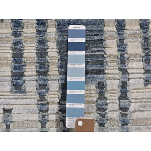 2'6"x8'3" Blue Pure Silk and Textured Wool Wide Runner Zigzag with Graph Design Hand Knotted Oriental Rug FWR399510
