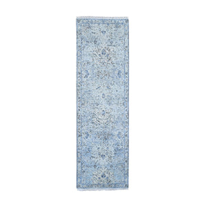 2'6"x8' Ivory Distressed Oushak Pure Silk with Textured Wool Runner Hand Knotted Oriental Rug FWR399528