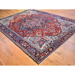 8'3"x11'3" Brick Red Antique Persian Heriz Shiny and Vivid Colors Natural Wool Good Condition Hand Knotted Clean Oriental Rug FWR399966