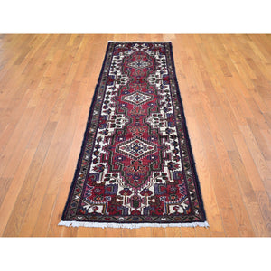 2'8"x9'3" Vintage Persian Bakhtiar with Triple Medallion Design Cherry Red Natural Wool Clean Hand Knotted Oriental Rug FWR400062