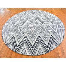 Load image into Gallery viewer, 9&#39;x9&#39; Gray-Blue Chevron Design Textured Wool and Pure Silk Hand Knotted Round Oriental Rug FWR400170