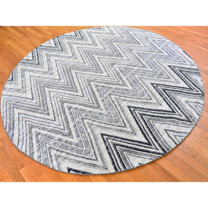9'x9' Gray-Blue Chevron Design Textured Wool and Pure Silk Hand Knotted Round Oriental Rug FWR400170