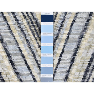 9'x9' Gray-Blue Chevron Design Textured Wool and Pure Silk Hand Knotted Round Oriental Rug FWR400170