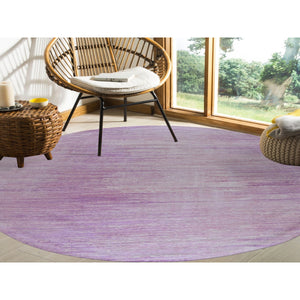 9'x9' Pink Zero Pile Organic Wool Only Horizontal Ombre Design Hand Knotted Round Oriental Rug FWR400212