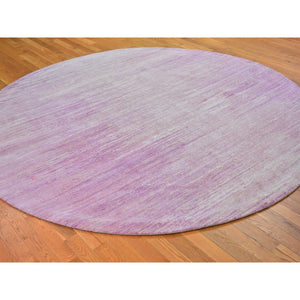 9'x9' Pink Zero Pile Organic Wool Only Horizontal Ombre Design Hand Knotted Round Oriental Rug FWR400212