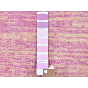 9'x9' Pink Zero Pile Organic Wool Only Horizontal Ombre Design Hand Knotted Round Oriental Rug FWR400212