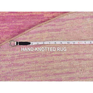 9'x9' Pink Zero Pile Organic Wool Only Horizontal Ombre Design Hand Knotted Round Oriental Rug FWR400212