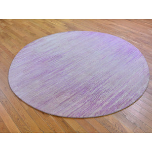 7'x7' Pink Thick and Plush Organic Wool Only Horizontal Ombre Design Hand Knotted Round Oriental Rug FWR400230