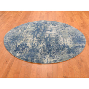 6'2"x6'2" Round Abstract Design Wool and Pure Silk Blue Hand Knotted Denser Weave Oriental Rug FWR400302