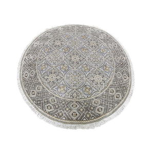 5'1"x5'1" Brown and Gray Textured Wool and Silk Mughal Inspired Medallions Round Hand Knotted Oriental Rug FWR400308