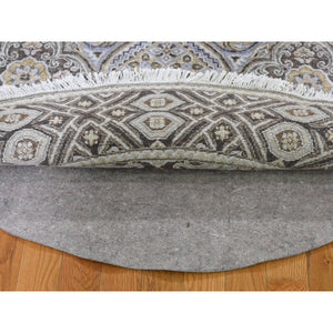 5'1"x5'1" Brown and Gray Textured Wool and Silk Mughal Inspired Medallions Round Hand Knotted Oriental Rug FWR400308