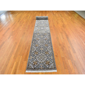 2'6"x24'1" Brown and Gray Textured Wool and Silk Mughal Inspired Medallions Design XL Runner Oriental Rug FWR400326