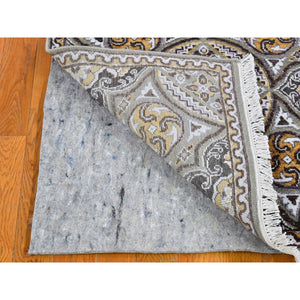 2'6"x24'1" Brown and Gray Textured Wool and Silk Mughal Inspired Medallions Design XL Runner Oriental Rug FWR400326
