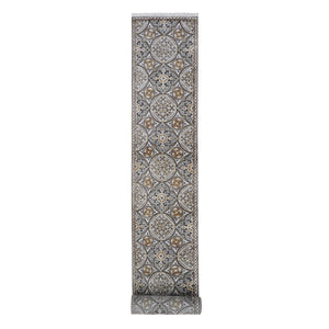 2'6"x20'5" Brown and Gray Textured Wool and Silk Mughal Inspired Medallions Design XL Runner Oriental Rug FWR400332