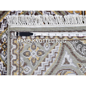 2'6"x20'5" Brown and Gray Textured Wool and Silk Mughal Inspired Medallions Design XL Runner Oriental Rug FWR400332