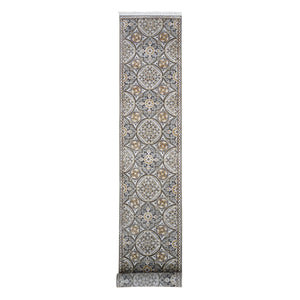 2'6"x16'3" XL Runner Textured Wool and Silk Mughal Inspired Medallions Design Brown and Gray Oriental Rug FWR400338