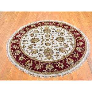 6'1"x6'1" Ivory Rajasthan Half Wool and Half Silk Floral Design Thick and Plush Hand Knotted Round Oriental Rug FWR400356