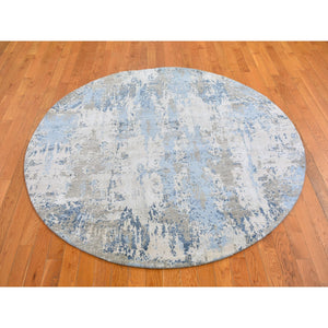 6'2"x6'2" Baby Blue Denser Weave Abstract Design Persian Knot Wool and Pure Silk Hand Knotted Round Oriental Rug FWR400374