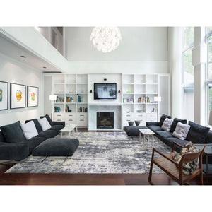 12'x18'1" Oversized Abstract Design with Persian Knot Wool and Silk Denser Weave Charcoal Gray Hand Knotted Oriental Rug FWR400392