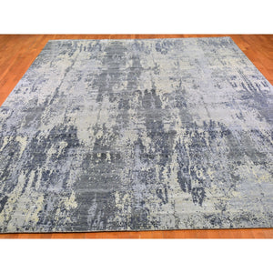 12'x18'1" Oversized Abstract Design with Persian Knot Wool and Silk Denser Weave Charcoal Gray Hand Knotted Oriental Rug FWR400392