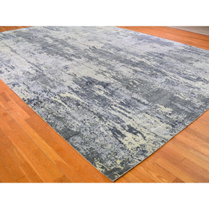 12'x18'1" Oversized Abstract Design with Persian Knot Wool and Silk Denser Weave Charcoal Gray Hand Knotted Oriental Rug FWR400392