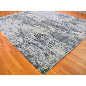 12'1"x15'2" Oversized Abstract Design Wool and Silk Denser Weave Charcoal Gray Persian Knot Hand Knotted Oriental Rug FWR400404