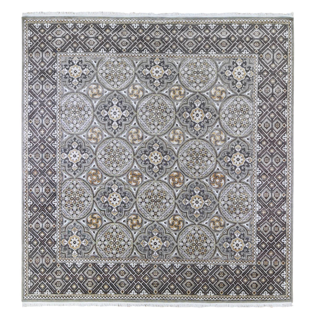 10'x10' Textured Wool and Silk Square Mughal Inspired Medallions Design Hand Knotted Brown and Gray Oriental Rug FWR400416