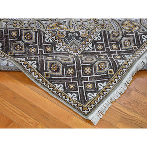 10'x10' Textured Wool and Silk Square Mughal Inspired Medallions Design Hand Knotted Brown and Gray Oriental Rug FWR400416