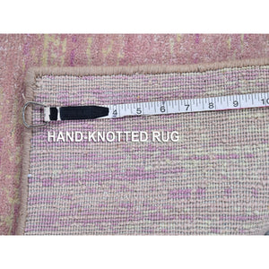 2'7"x10'3" Pink Thick and Plush Organic Wool Only Horizontal Ombre Design Hand Knotted Wide Runner Oriental Rug FWR400524