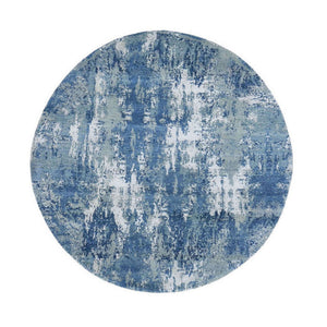 6'2"x6'2" Round Abstract Design Wool and Pure Silk Blue Hand Knotted Denser Weave Oriental Rug FWR400530