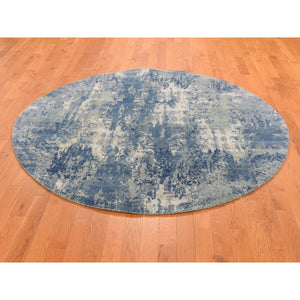 6'2"x6'2" Round Abstract Design Wool and Pure Silk Blue Hand Knotted Denser Weave Oriental Rug FWR400530