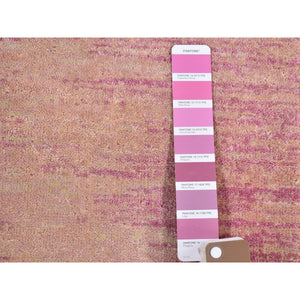 2'2"x3'3" Thick and Plush Pure Wool Only Horizontal Ombre Design Pink with Touches of Ivory Hand Knotted Mat Oriental Rug FWR400554