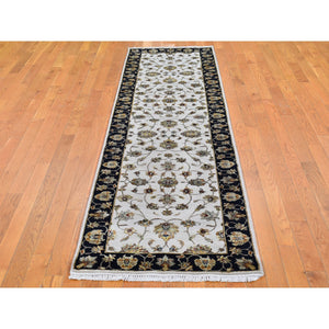2'7"x9'10" Ivory Rajasthan Half Wool and Half Silk Floral Design Thick and Plush Hand Knotted Runner Oriental Rug FWR400608