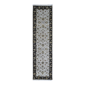 2'7"x9'10" Ivory Rajasthan Half Wool and Half Silk Floral Design Thick and Plush Hand Knotted Runner Oriental Rug FWR400614