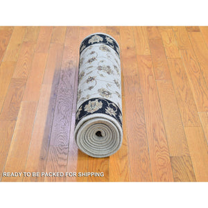 2'7"x9'10" Ivory Rajasthan Half Wool and Half Silk Floral Design Thick and Plush Hand Knotted Runner Oriental Rug FWR400614