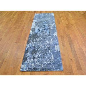 2'7"x10'3" Wool and Real Silk Abstract Design with Persian Knot Denser Weave Gray Hand Knotted Runner Oriental Rug FWR400644
