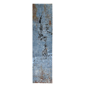 2'6"x10'3" Silver Blue Abstract Design Wool Denser Weave Persian Knot Hand Knotted Runner Oriental Rug FWR400752