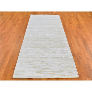 4'1"x10'2" Ivory Silk with Textured Wool Tone on Tone Striae Design Hand Knotted Hi-Low Pile Wide Runner Oriental Rug FWR400782