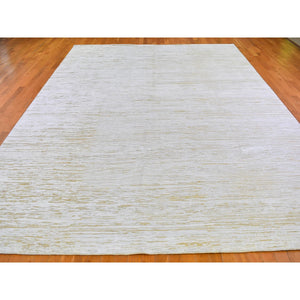 10'x14'2" Ivory Silk with Textured Wool Tone on Tone Striae Design Hand Knotted Hi-Low Pile Oriental Rug FWR400800