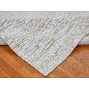 10'x14'2" Ivory Silk with Textured Wool Tone on Tone Striae Design Hand Knotted Hi-Low Pile Oriental Rug FWR400800