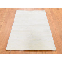 Load image into Gallery viewer, 3&#39;1&quot;x5&#39;1&quot; Ivory Silk with Textured Wool Tone on Tone Striae Design Hand Knotted Hi-Low Pile Oriental Rug FWR400842