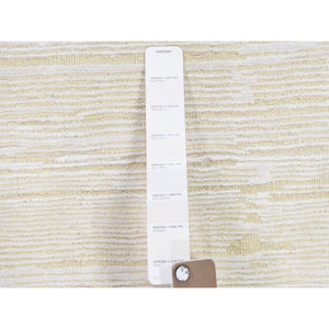 3'1"x5'1" Ivory Silk with Textured Wool Tone on Tone Striae Design Hand Knotted Hi-Low Pile Oriental Rug FWR400842